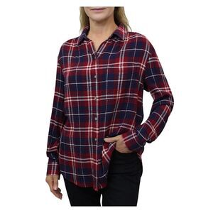BEACHLUNCHLOUNGE COLLECTION Womens Burgundy Plaid Cuffed Sleeve Button Up Top XS